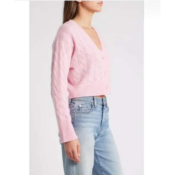 NWT LoveShackFancy Leota Wool Cashmere‎ Cardigan Pink Cable Knit Bow Sweater XL